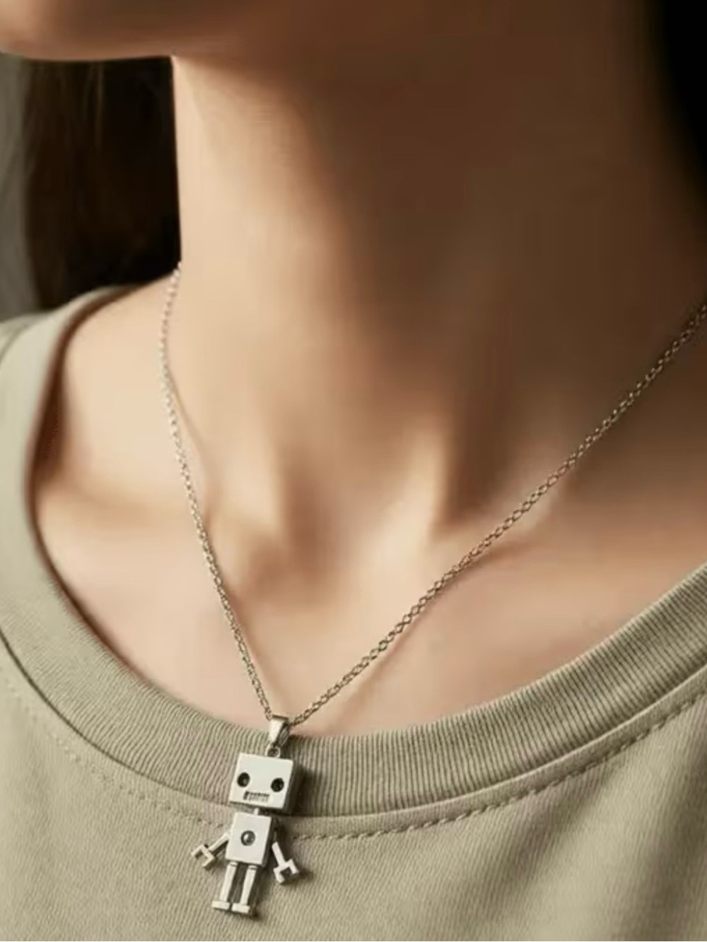 New Metal Robot 2 Sided Smaller Version Pendant Necklace, Stainless Steel - Picture 2 of 16